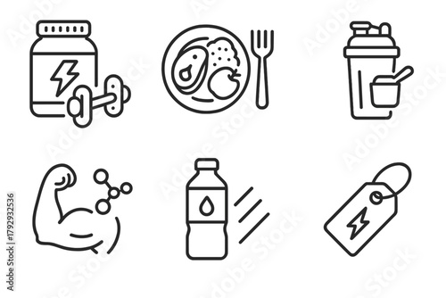 Nutrition Science Icons. Line style icons of nutrition science: sports and performance nutrition, pre-workout meal icon,