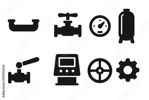 Industrial Icons Collection. Solid style icons of Industrial Systems: Pipe, Valve, Gauge, Capsule, Lever, Console, Wheel, Gear, No