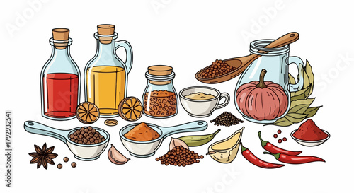 Spices and herbs collection with cooking ingredients
