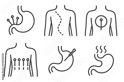 Acupuncture Digestive Wellness Icons. Line style icons of acupuncture: digestive wellness, stomach meridian path, bloating relief