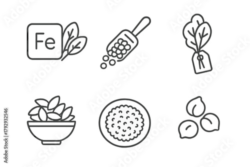 Vegan Diet Icons. Line style icons of vegan diet: iron-rich vegan foods, lentils scoop icon, spinach bunch tag, pumpkin seeds bowl