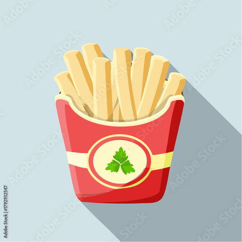 Classic crispy golden french fries served in a vibrant red paper carton, a delicious fast food snack depicted in a modern flat design style with a long shadow, for menus and food-related graphics