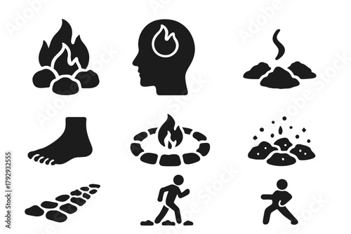 Firewalk Icons. Solid style icons of Firewalking: hot coals, focused mind, ash, bare feet, ritual circle, glowing embers, walking