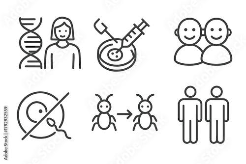 Cloning Technology Icons. Line style icons of cloning technology: reproductive cloning, artificial reproduction icon, identical