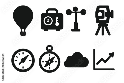 Meteorology Tools Icons. Solid style icons of Meteorology Tools: Balloon, Instrument Box, Anemometer, Theodolite, Altimeter,