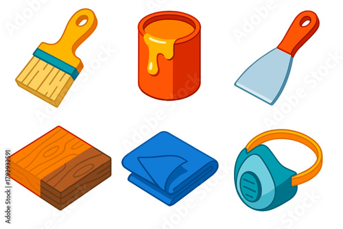 Restoration Tool Icons. Isometric vector illustration set Restoration: Brush, Varnish, Paint Scraper, Original Surface, Cleaning