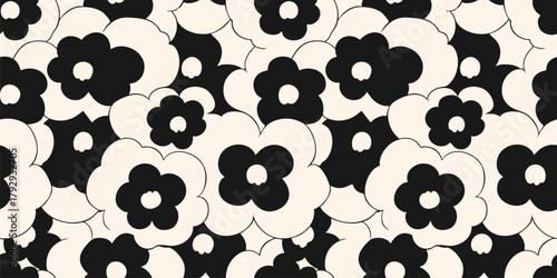 Simple black and white floral seamless pattern in japanese style. Elegant vector background with bold flower silhouettes. Stylish asian ornament texture. Repeated design for decor, textile, wallpaper