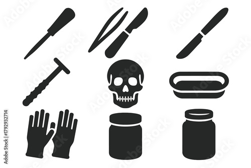 Vintage Neurosurgical Icons. Solid style icons of Vintage Neurosurgical Instruments: Ice Pick, Forceps, Scalpel, Orbitoclast,