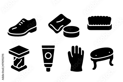 Luxury Shoeshine Icons. Solid style icons of Luxury Shoeshine: Patent Leather Shoe, Velvet Cloth, Gold Tin, Plush Brush, Marble