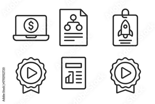 Angel Funding Icons. Line style icons of Angel Funding Platforms: Online platform icon, deal pipeline file, startup profile tag,