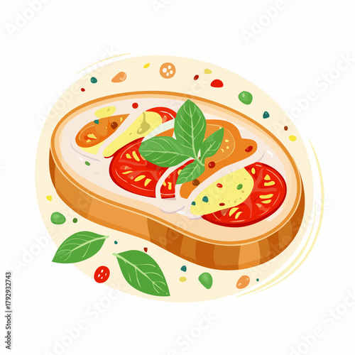 Delicious and fresh gourmet bruschetta appetizer with ripe tomatoes, creamy sauce, and aromatic basil leaves on toasted bread, perfect for a healthy snack or light meal illustration