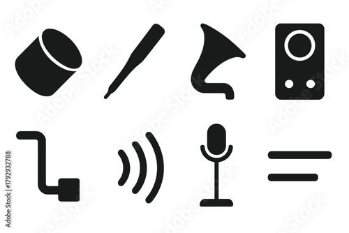Analog Recording Icons. Solid style icons of Analog Recording: Wax Cylinder, Stylus, Mouthpiece, Dictaphone, Crank, Sound Waves,
