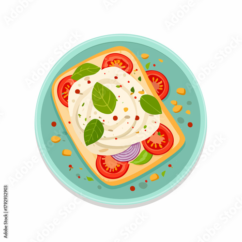 Caprese Toast with Mozzarella, Tomatoes, and Basil on Teal Plate