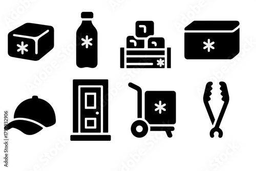 Cold Storage Icons. Solid style icons of Cold Storage Delivery: Ice Block, Bottle, Crate, Insulated Box, Cap, Doorstep, Cart,