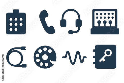 Classic Telephony Icons. Solid style icons of Classic Telephony Hacking: Blue Box, Telephone, Headset, Switchboard, Wire, Dial,