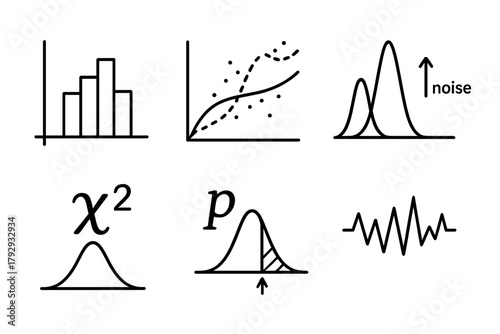 Particle Physics Icons. Line style icons of particle physics: data histogram, Monte Carlo simulation, signal to noise, chi-squared