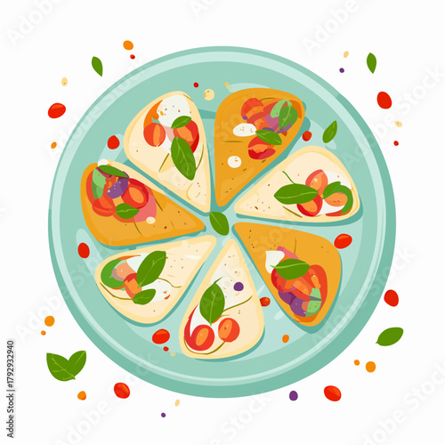 An illustrated top-down view of a platter with gourmet appetizers, featuring mini tacos filled with fresh tomatoes, mozzarella cheese, and basil leaves