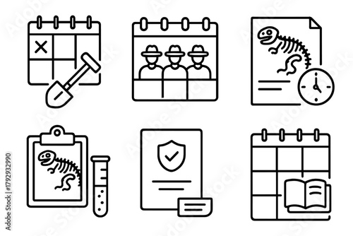 Paleontology Icon Set. Line style icons of paleontology: digging schedule, field team calendar, fossil report deadline, lab
