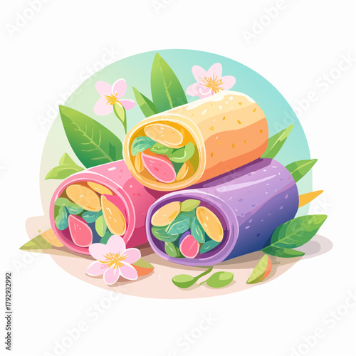 Colorful Vegan Wraps with Fresh Greens and Flower Decorations