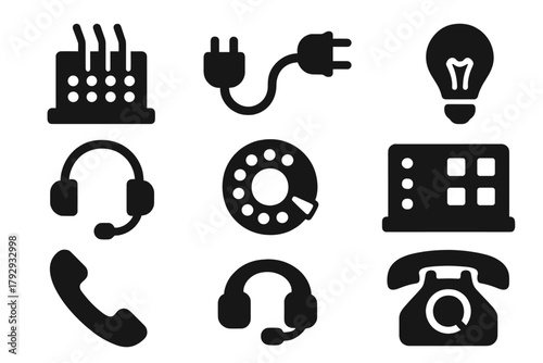 Operator Station Icons. Solid style icons of Operator Station: Switchboard, Cord, Plug, Light, Headset, Dial, Panel, Telephone, No