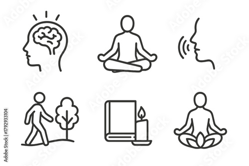 Mental Wellness Icons. Line style icons of mental health: mental wellness activities, yoga pose icon, breathing exercise symbol,