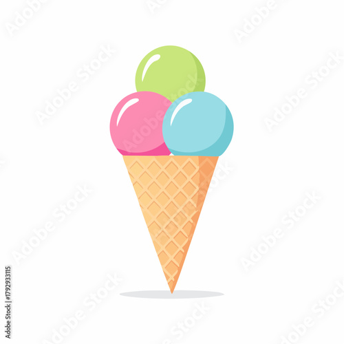 Vibrant and refreshing ice cream cone with three scoops of different flavors, an iconic symbol of summer sweetness