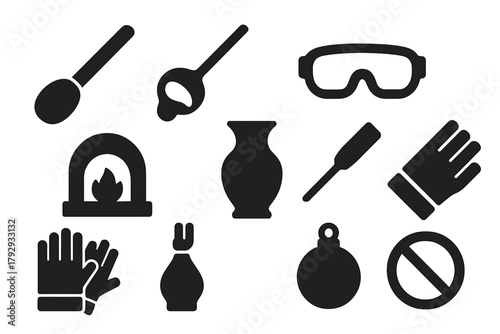 Glass Blowing Icons. Solid style icons of glass blowing: blowpipe, molten glass, protective goggles, furnace, glass vase, cooling