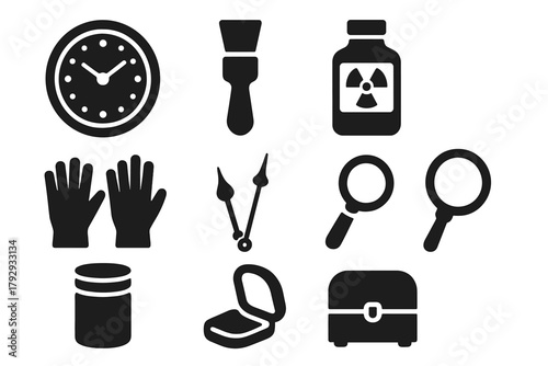 Vintage Watchmaking Tools Icons. Solid style icons of Vintage Horology Tools: Watch Face, Brush, Radium Powder, Gloves, Clock