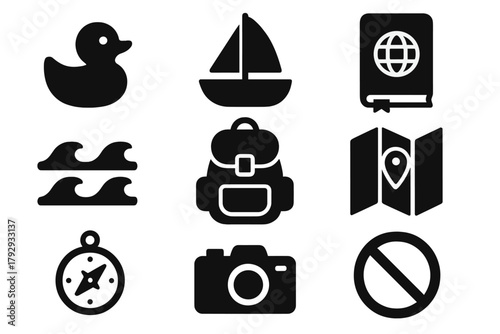 Oceanic Toy Icons. Solid style icons of Oceanic Toy Exploration: Rubber Duck, Boat, Travel Journal, Waves, Backpack, Map, Compass,