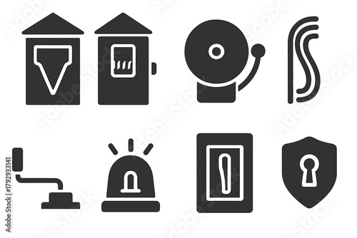 Vintage Fire Alarm Icons. Solid style icons of Vintage Fire Alarm: Pull Box, Telegraph, Bell, Wire, Crank Handle, Signal Light,