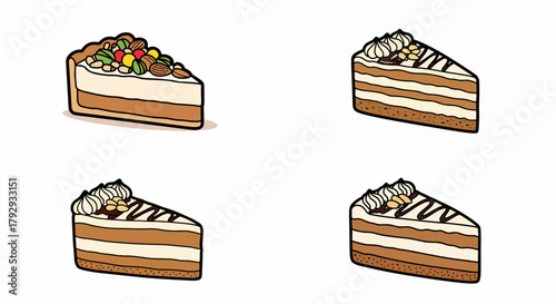 Cake slices with fruit and cream toppings