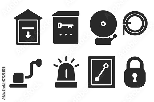 Vintage Fire Alarm Icons. Solid style icons of Vintage Fire Alarm: Pull Box, Telegraph, Bell, Wire, Crank Handle, Signal Light,