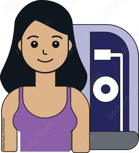 Woman standing next to a water cooler, modern design with blue accents, simple cartoon style Adobe Illustrator Artwork