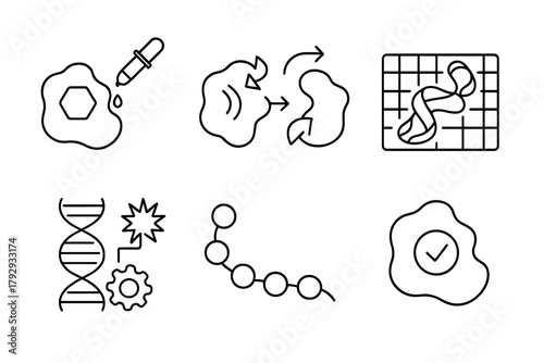 Genetic Engineering Icons. Line style icons of genetic engineering: protein engineering, domain swapping, protein folding map,