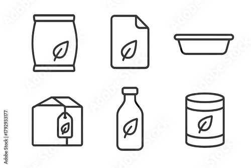 Biodegradable Packaging Icons. Line style icons of biodegradable plastics: packaging alternatives, paper wrap icon, cardboard tray