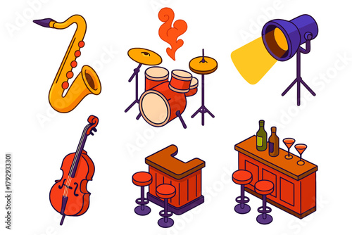Jazz Club Icons. Isometric vector illustration set Jazz Club: Saxophone, Drum Set, Smoke, Spotlight, Upright Bass, Bar Counter. No