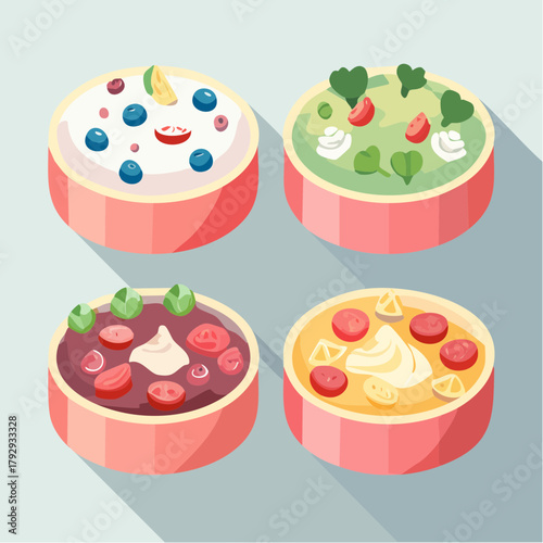 Four colorful and fresh fruit and vegetable bowls, perfect for healthy eating