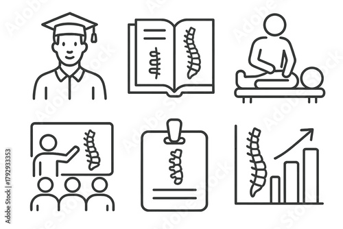 Chiropractic Care Icons. Line style icons of chiropractic care: chiropractic education, anatomy book with spine, student adjusting