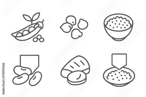 Vegan Protein Icons. Line style icons of vegan diet: plant protein sources, chickpeas icon, lentils bowl symbol, quinoa plate tag,
