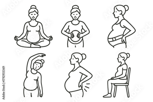 Pregnancy Physiotherapy Icons. Line style icons of physiotherapy for pregnancy: prenatal yoga, pelvic floor training, belly