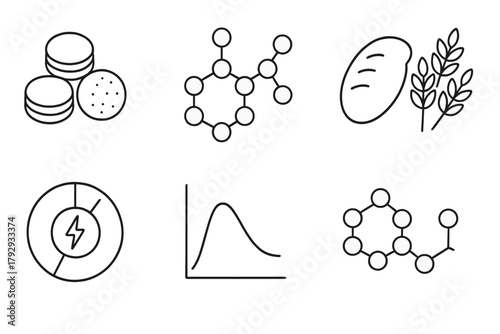 Nutrition Science Icons. Line style icons of nutrition science: carbohydrates, glucose molecule icon, bread and grains symbol,