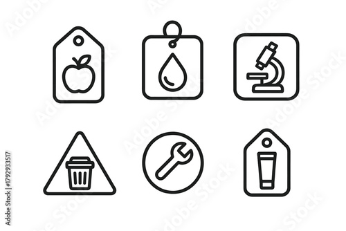 Zero-Gravity Label Icons. Line style icons of Storage Label Icons in Zero-Gravity: food label tag, hygiene label symbol, research