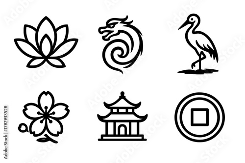 Cultural Calligraphy Icons. Line style icons of Cultural Calligraphy Motifs: lotus blossom, dragon swirl, crane in brush, cherry