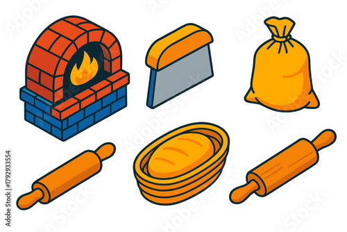 Artisan Bakery Toolkit. Isometric vector illustration set Artisan Bakery: Wood-Fired Oven, Dough Cutter, Grain Sack, Proofing