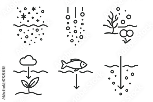 Marine Biology Icons. Line style icons of marine biology: marine snow, sinking particles, deep ocean nutrients, carbon pump,