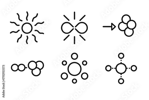 Nuclear Fusion Icons. Line style icons of nuclear fusion: Bremsstrahlung radiation, particle collision, alpha particle release,