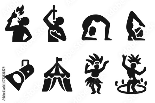 Performance Ritual Icons. Solid style icons of Performance Rituals: fire eater, sword swallower, contortionist, stage flame,