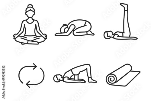 Sleep Yoga Icons. Line style icons of sleep therapy: yoga for better sleep, child’s pose icon, legs up wall figure, supported