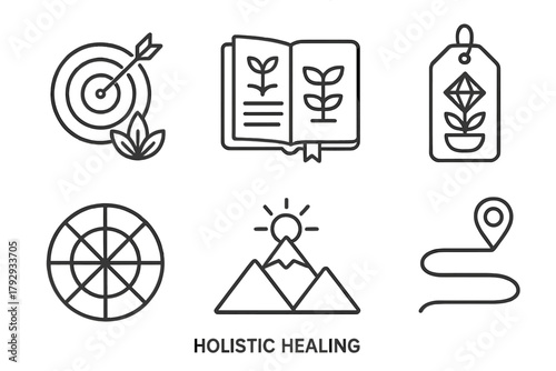 Holistic Healing Icons. Line style icons of holistic healing: holistic goals, growth journal icon, vision board tag, balanced