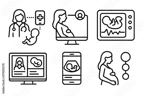 Telemedicine Line Icons. Line style icons of telemedicine: remote prenatal care, pregnant woman video call, fetal monitor icon,